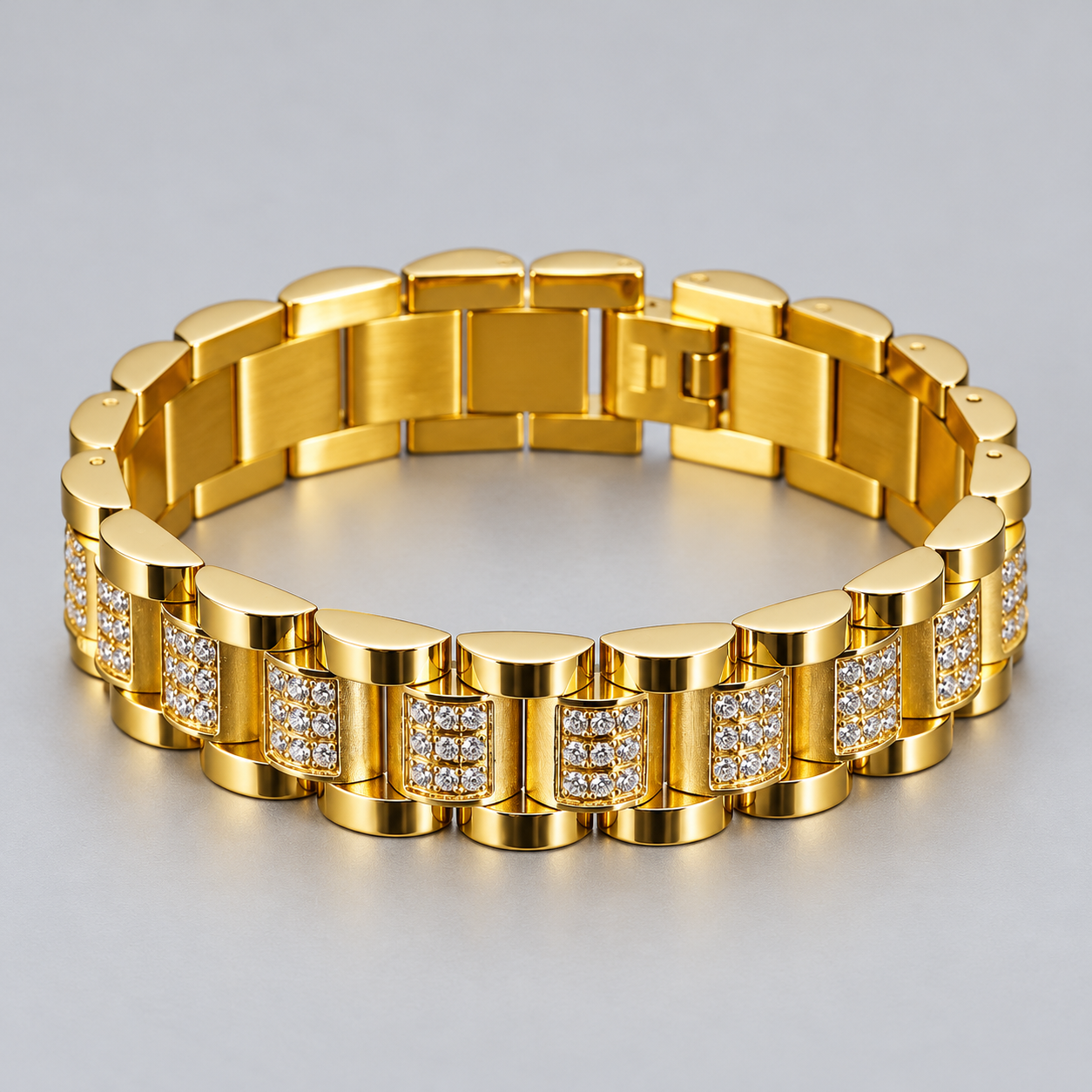 Gold-Tone Clear Stone Rectangular Panel Link Bracelet