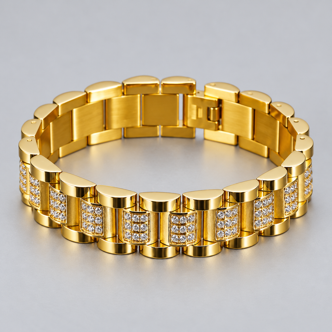 Gold-Tone Clear Stone Rectangular Panel Link Bracelet