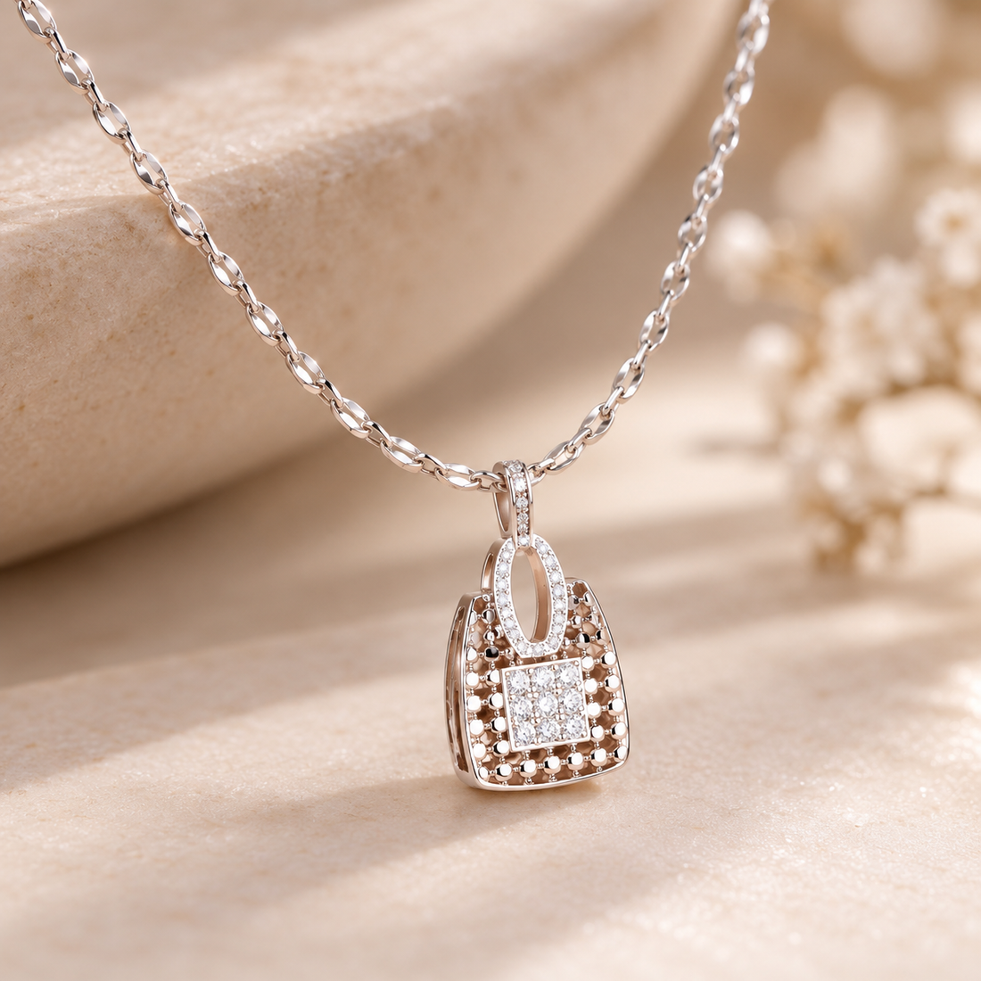 Pavé Handbag Charm White Gold Pendant Necklace