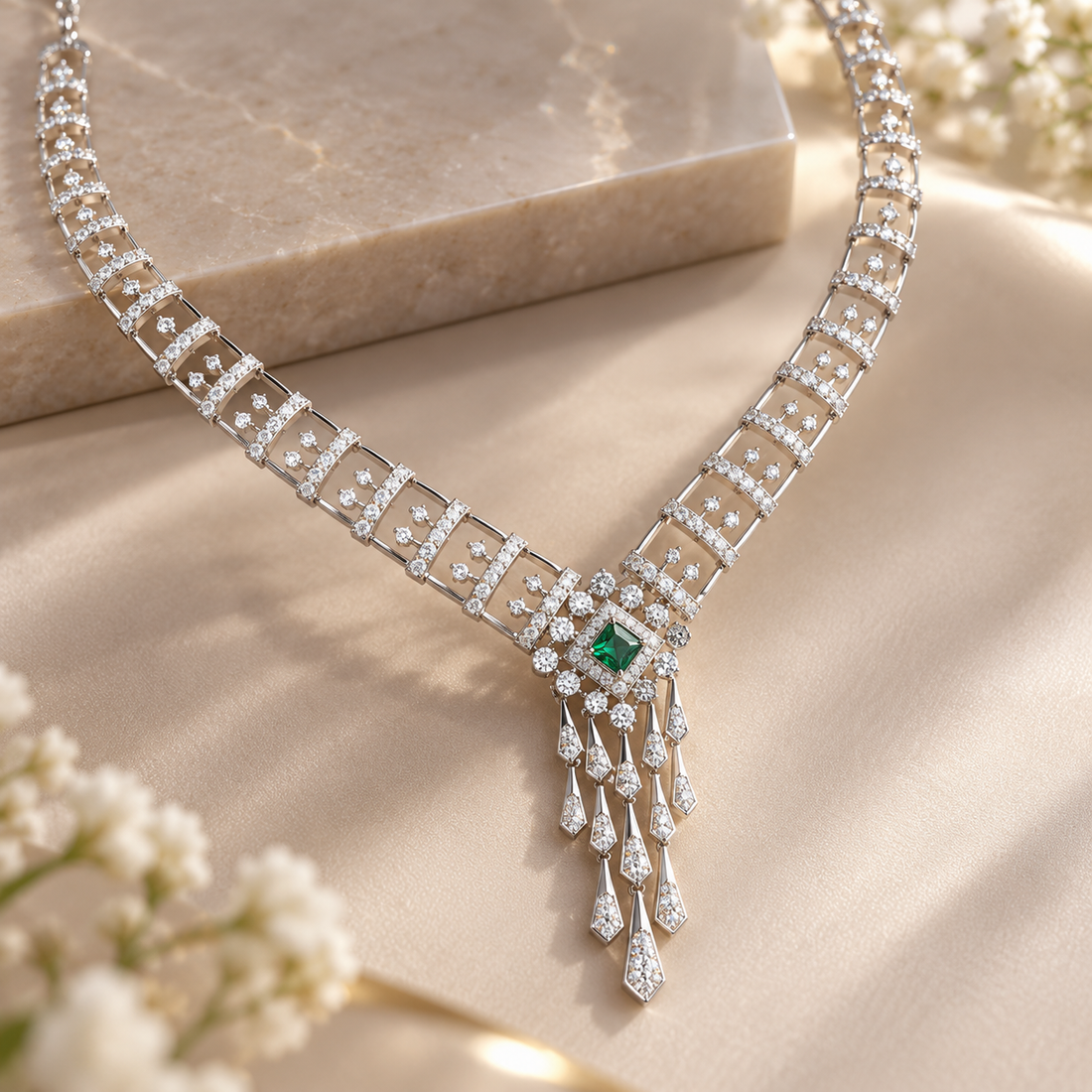 Green Princess Cut Diamond Fringe White Gold Statement Necklace