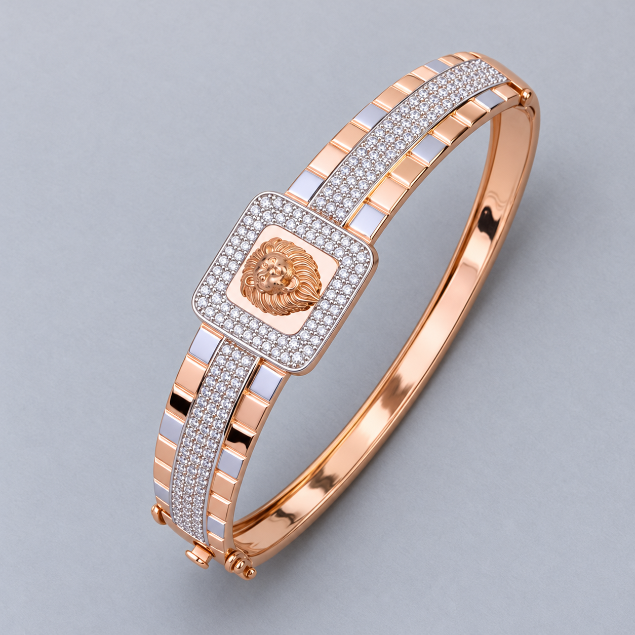 Two-Tone Rose Gold Lion Head Square Halo Pavé Bangle