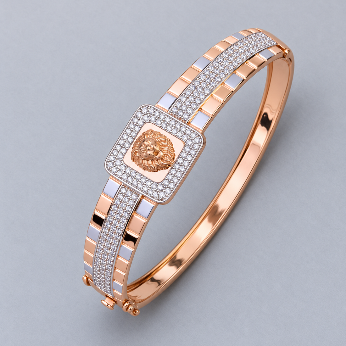 Two-Tone Rose Gold Lion Head Square Halo Pavé Bangle