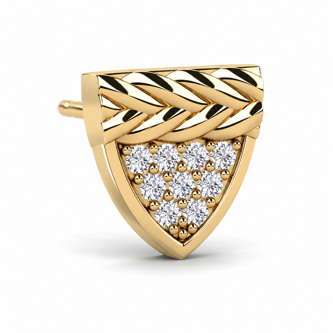 Men’s Shield Yellow Gold-Tone Stud Earring with Braided Detail and Round Stones