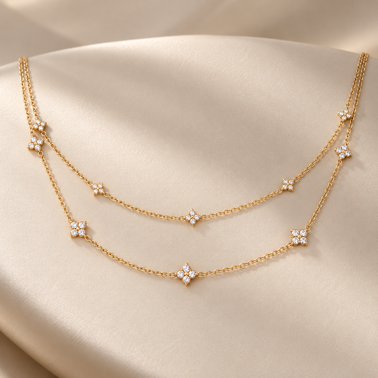 Double Layer Four Petal Clover Yellow Gold Station Necklace
