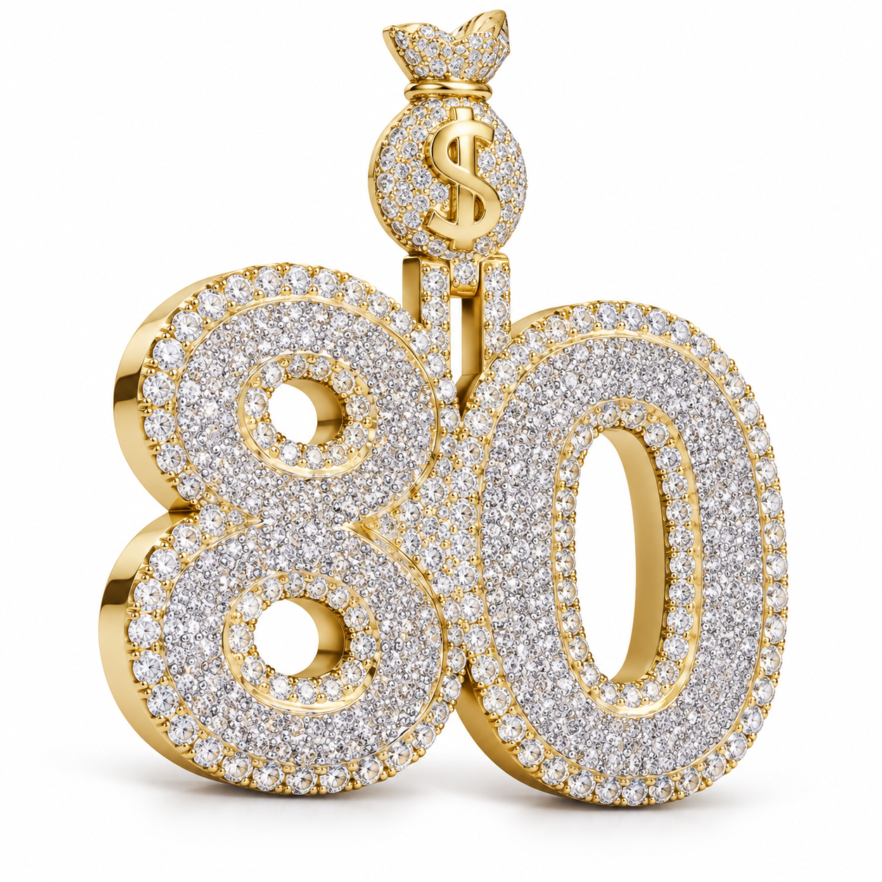 Custom Number 80 Iced Out Yellow Gold-Tone Pendant with Money Bag Bail – Hip Hop Jewelry