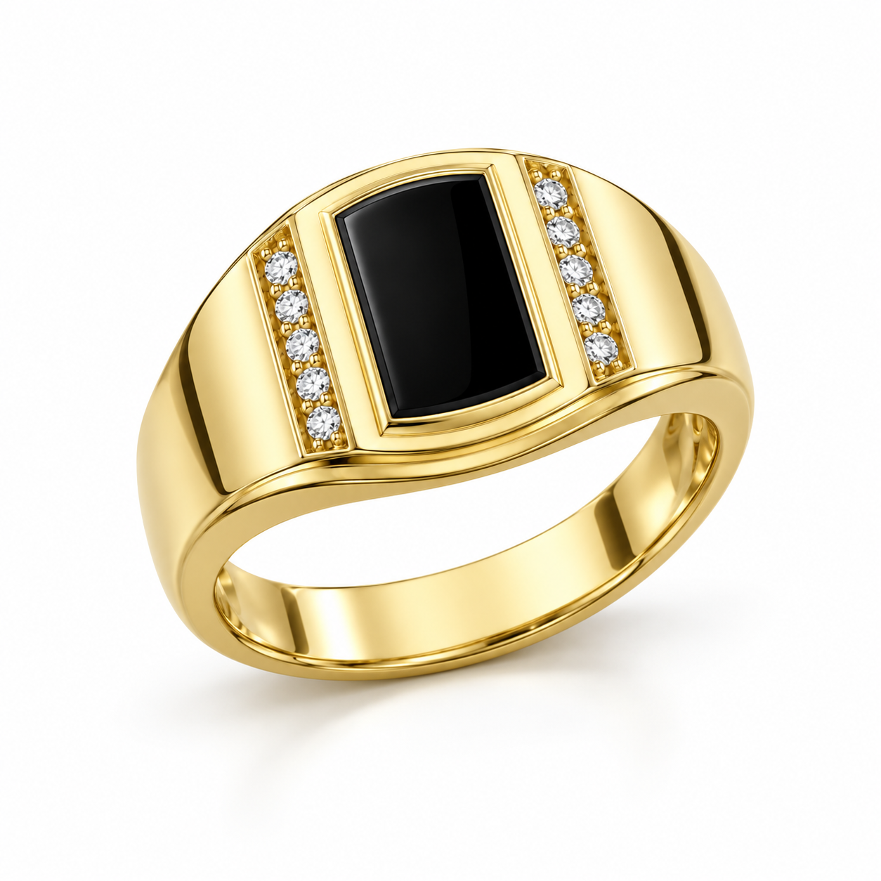 Rectangular Black Panel Yellow Gold-Tone Signet Ring with Round Stone Accents