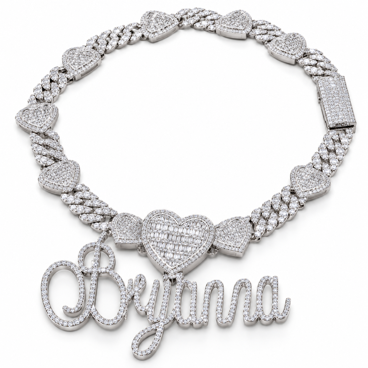 Custom Script Name & Heart Cuban Link Necklace – White Gold-Tone Iced Out Jewelry