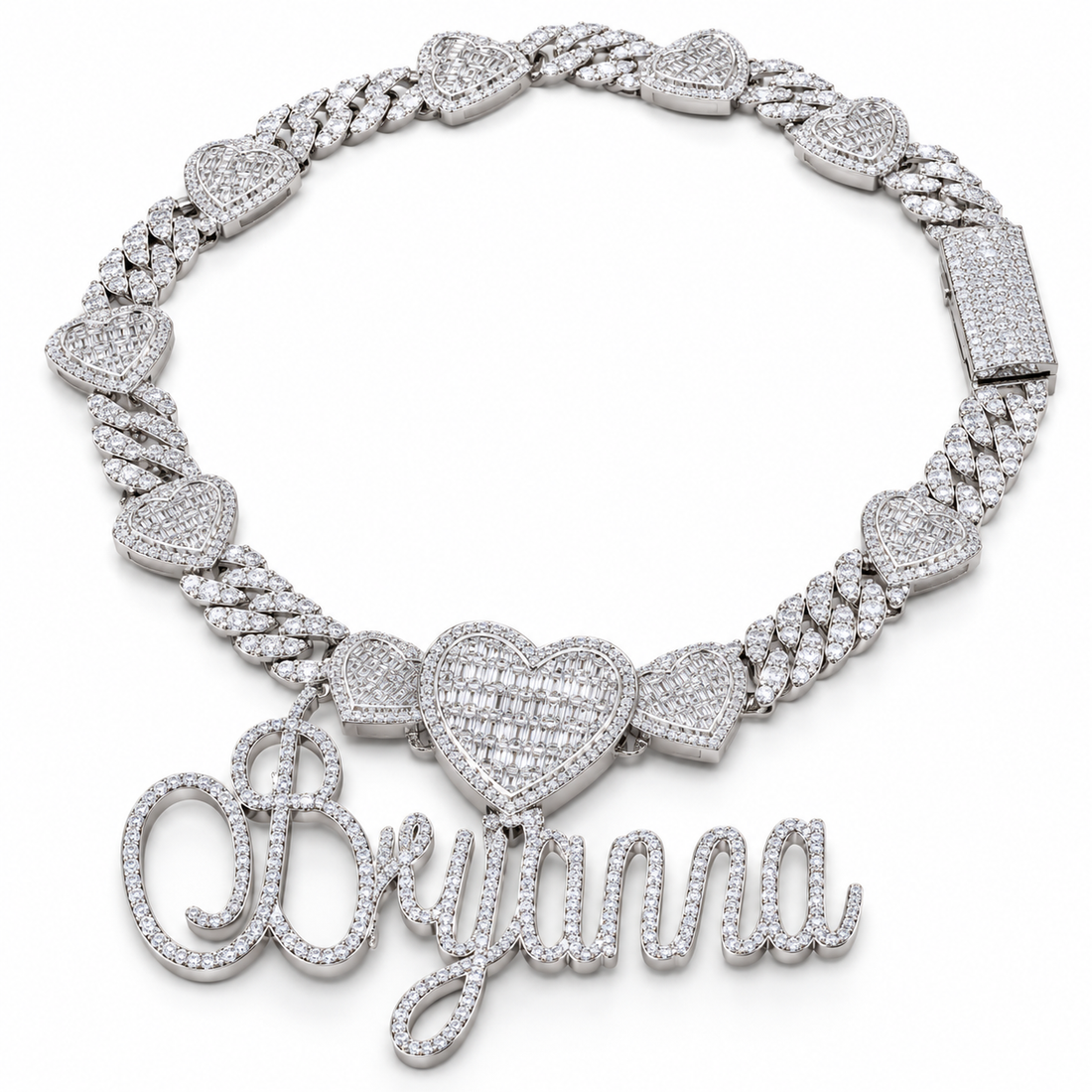 Custom Script Name & Heart Cuban Link Necklace – White Gold-Tone Iced Out Jewelry