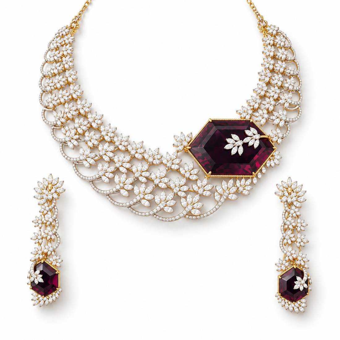 Moissanite Floral Scalloped Bridal Necklace and Earrings Set with Burgundy Accents