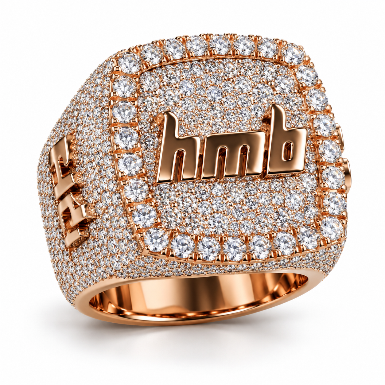 Custom Letter Logo Iced Out Rose Gold-Tone Square Ring – Hip Hop Statement Jewelry