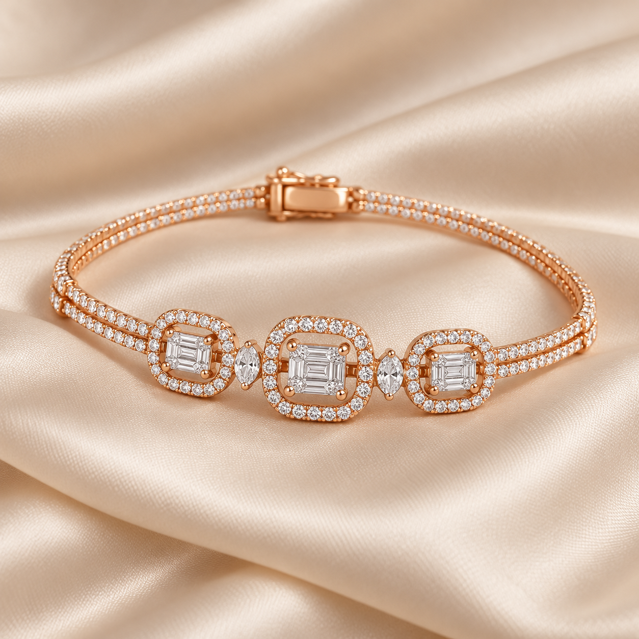 Rose Gold-Tone Triple Square Halo Double Row Bangle Bracelet