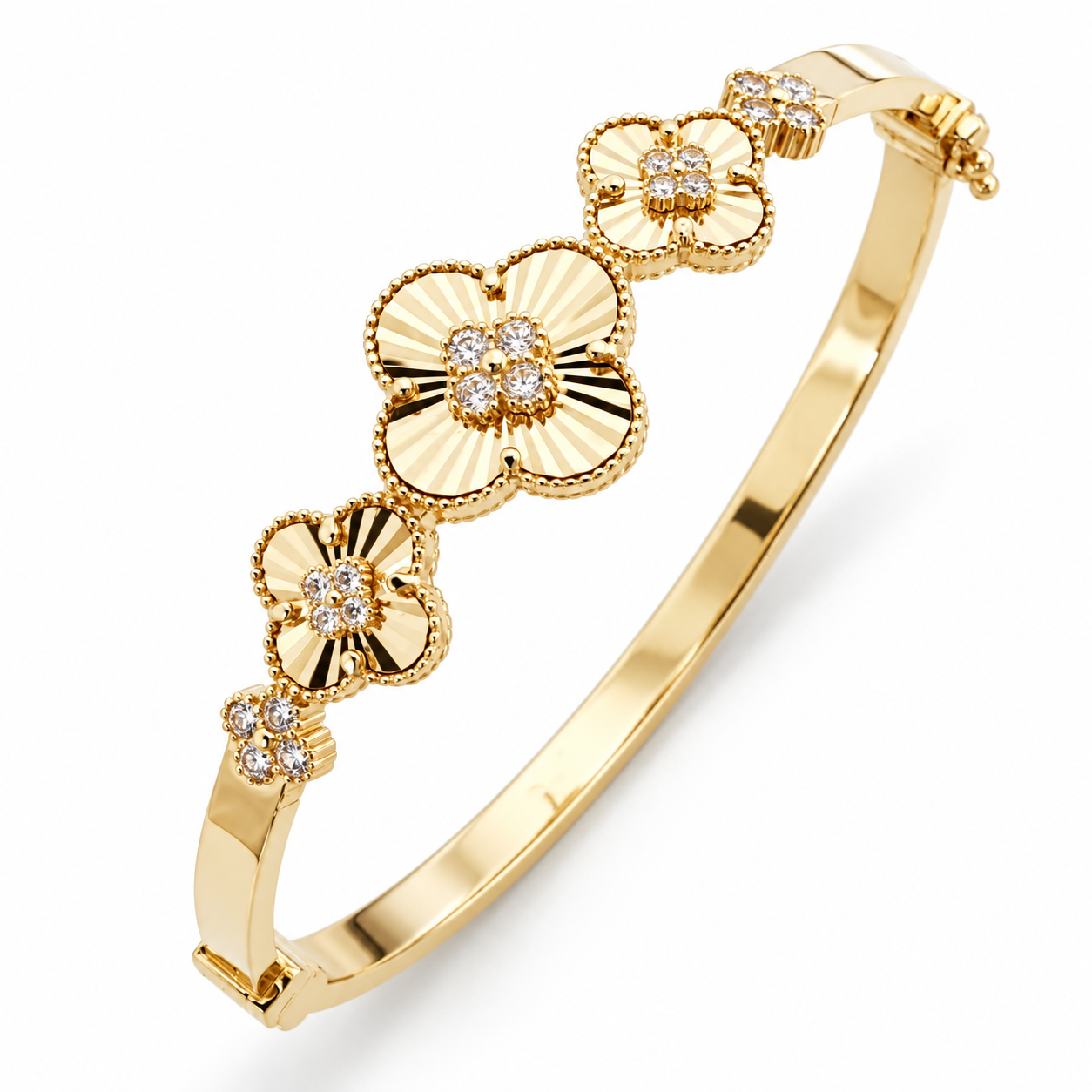 Clear Stone Fluted Clover Flower Yellow Gold-Tone Bangle Bracelet