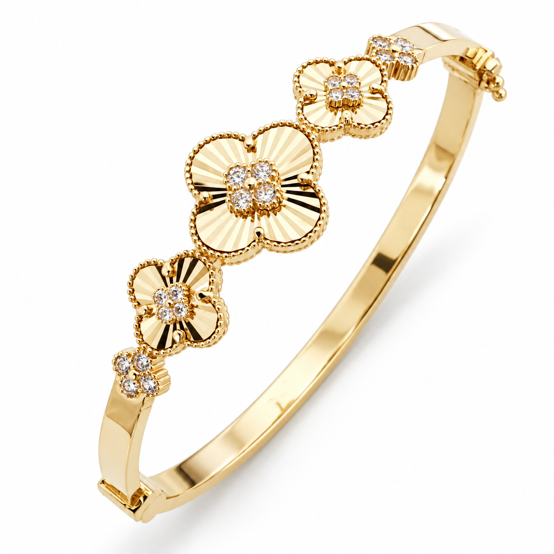 Clear Stone Fluted Clover Flower Yellow Gold-Tone Bangle Bracelet
