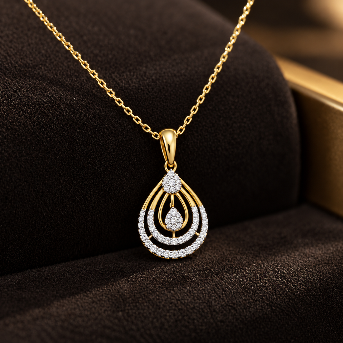 Layered Teardrop Pavé Cluster Yellow Gold Pendant Necklace