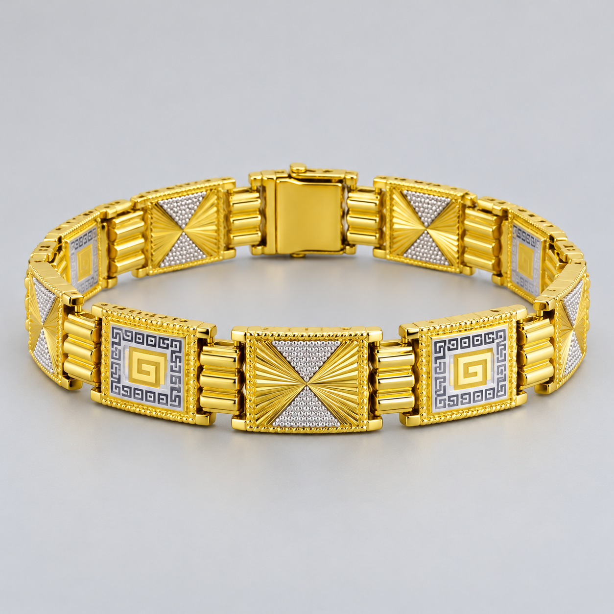 Gold-Tone Greek Key and Pavé Pinwheel Panel Link Bracelet