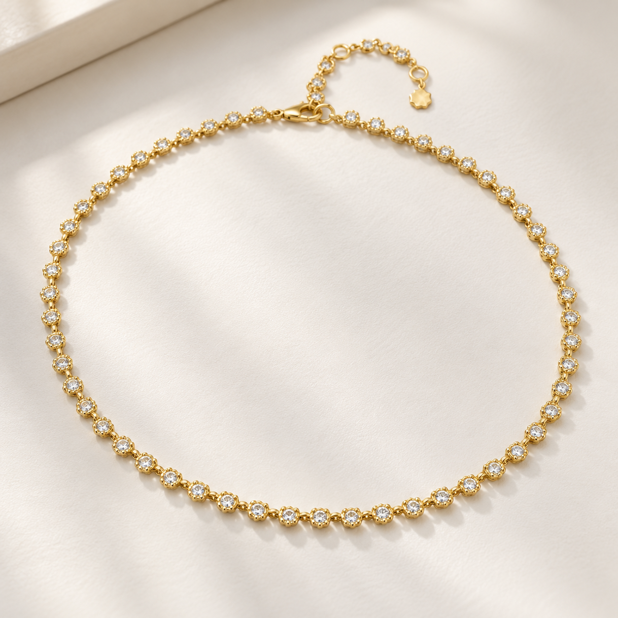 Round Cut Scalloped Bezel Yellow Gold Tennis Necklace