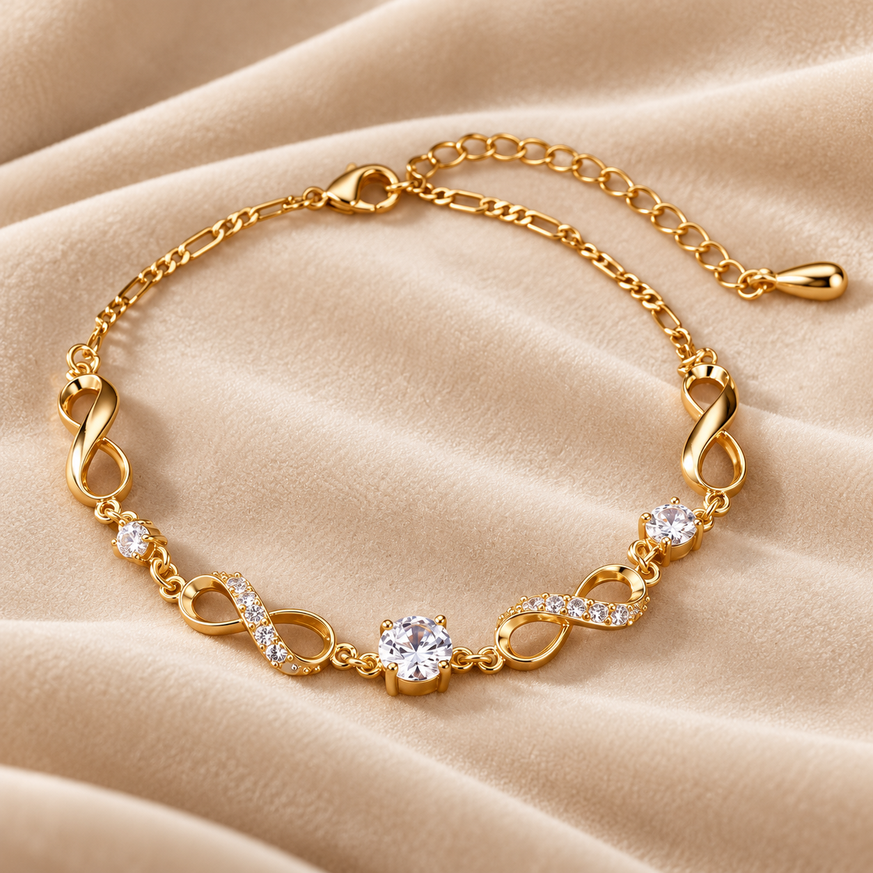 Clear Round Stone Infinity Link Yellow Gold-Tone Bracelet