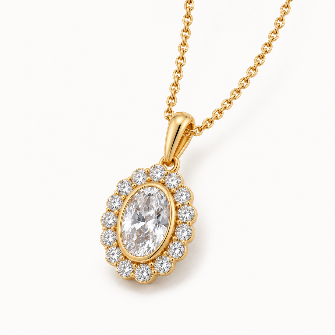 Oval Cut Halo Stone Yellow Gold Pendant Necklace