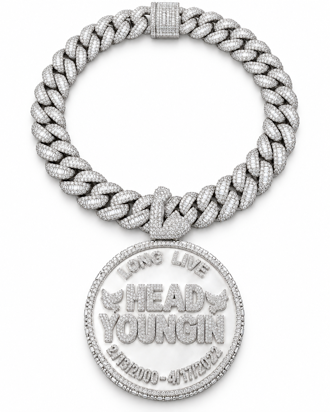 Custom Iced Out Memorial Name & Date Pendant with Swan Bail