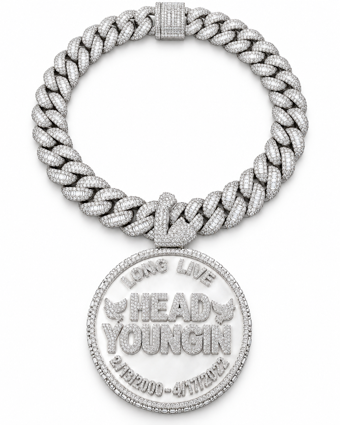 Custom Iced Out Memorial Name & Date Pendant with Swan Bail