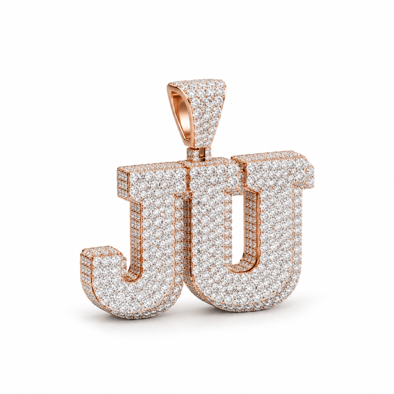 Custom JU Initial Iced Out Rose Gold-Tone Pendant – Personalized Double Letter Hip Hop Jewelry