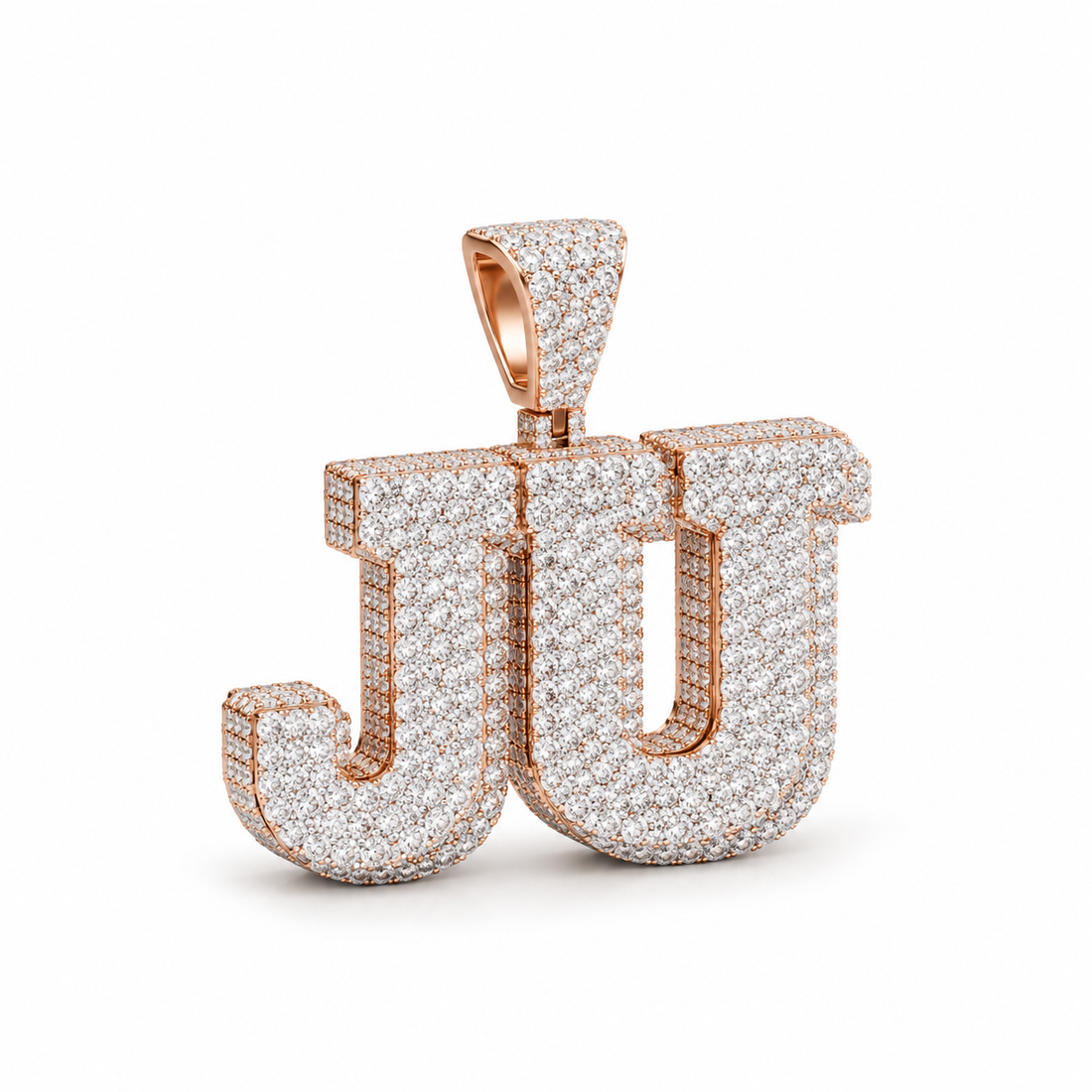 Custom JU Initial Iced Out Rose Gold-Tone Pendant – Personalized Double Letter Hip Hop Jewelry