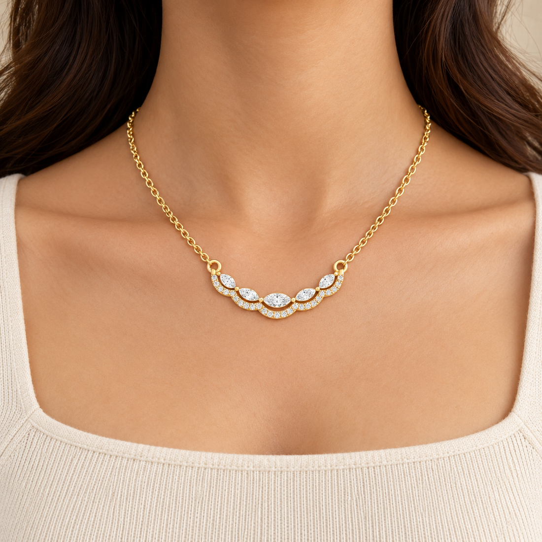 Five Marquise Cut Pavé Scallop Yellow Gold Necklace