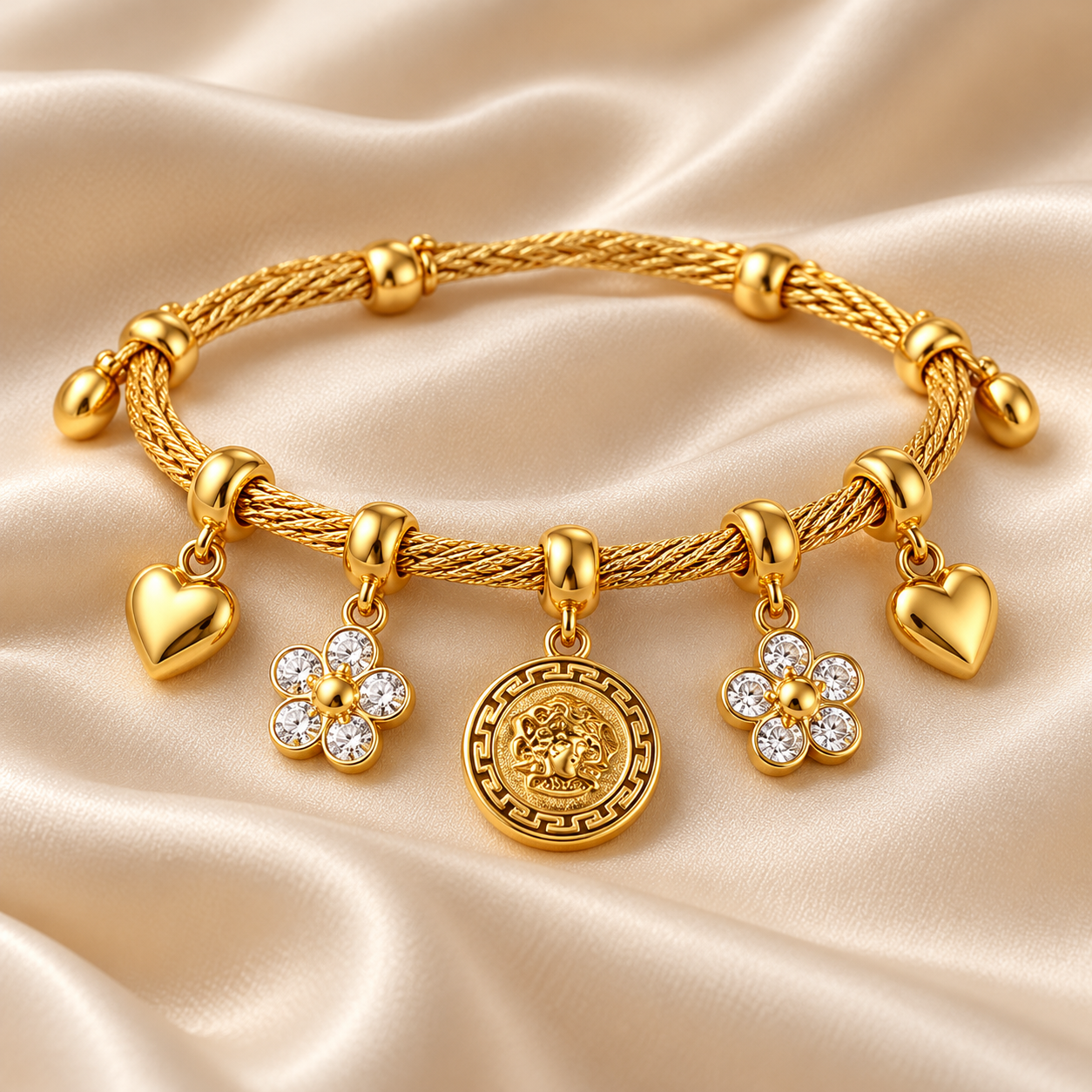 Yellow Gold-Tone Heart, Flower & Medallion Charm Bracelet