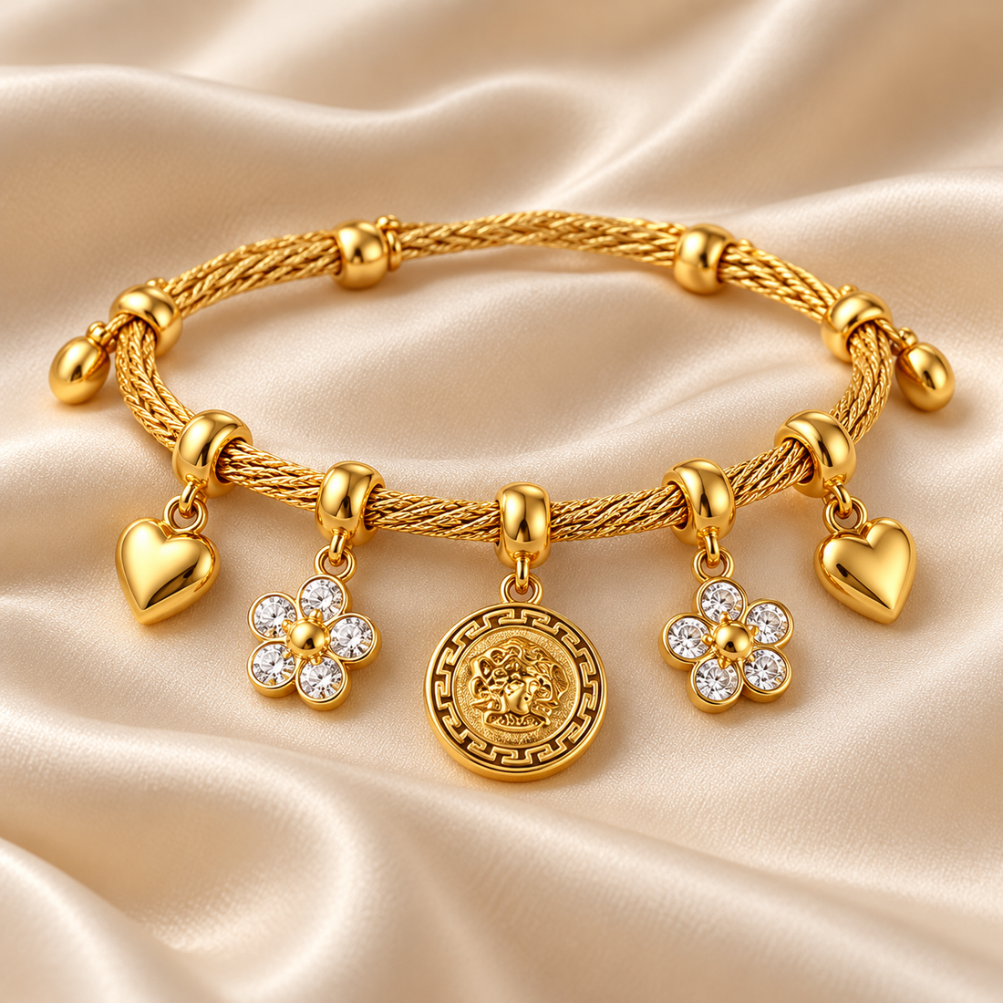 Yellow Gold-Tone Heart, Flower & Medallion Charm Bracelet