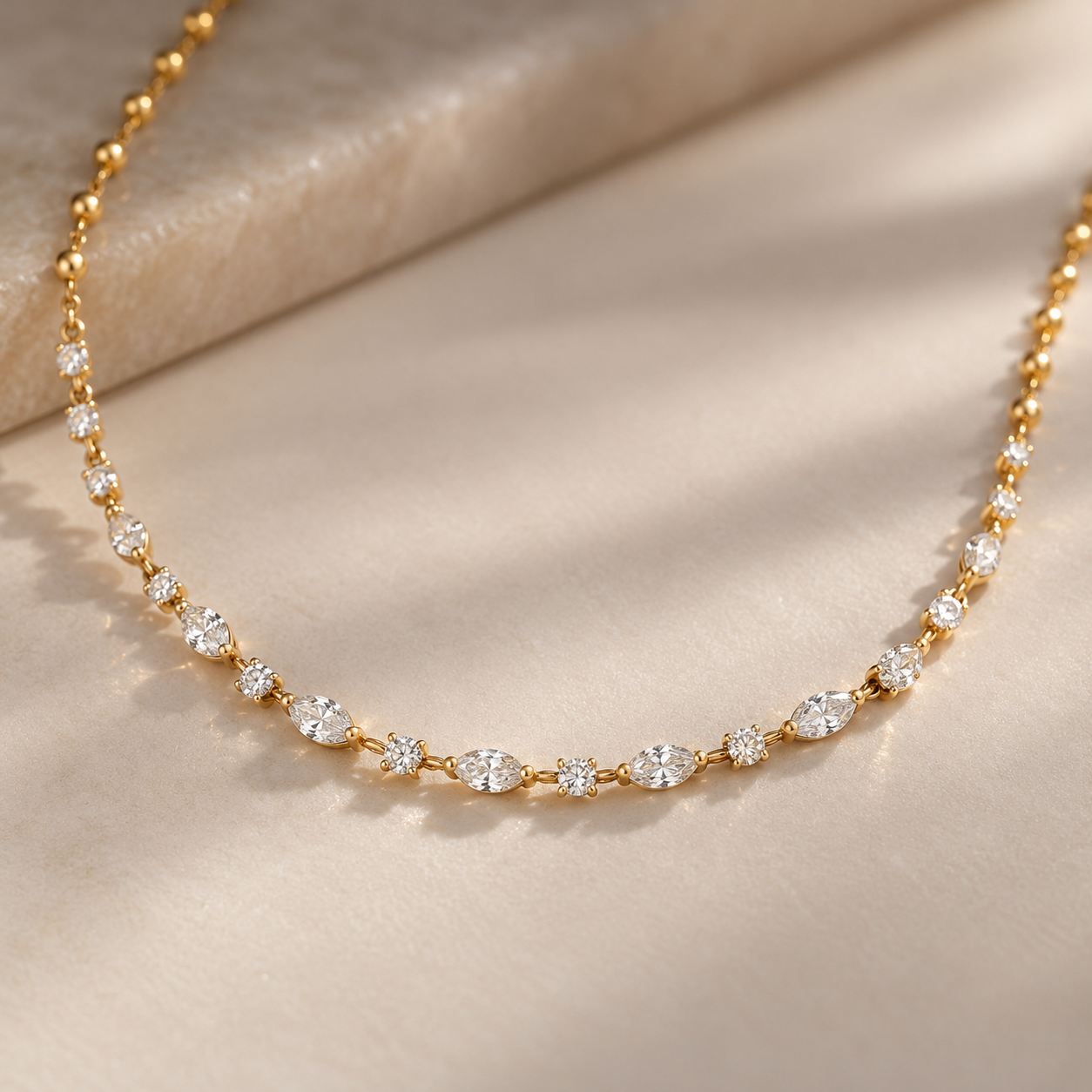 Marquise & Round Cut Yellow Gold Diamond Station Necklace