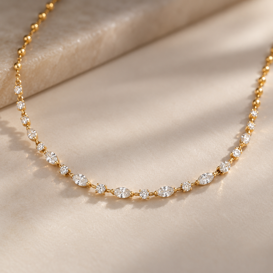 Marquise & Round Cut Yellow Gold Diamond Station Necklace