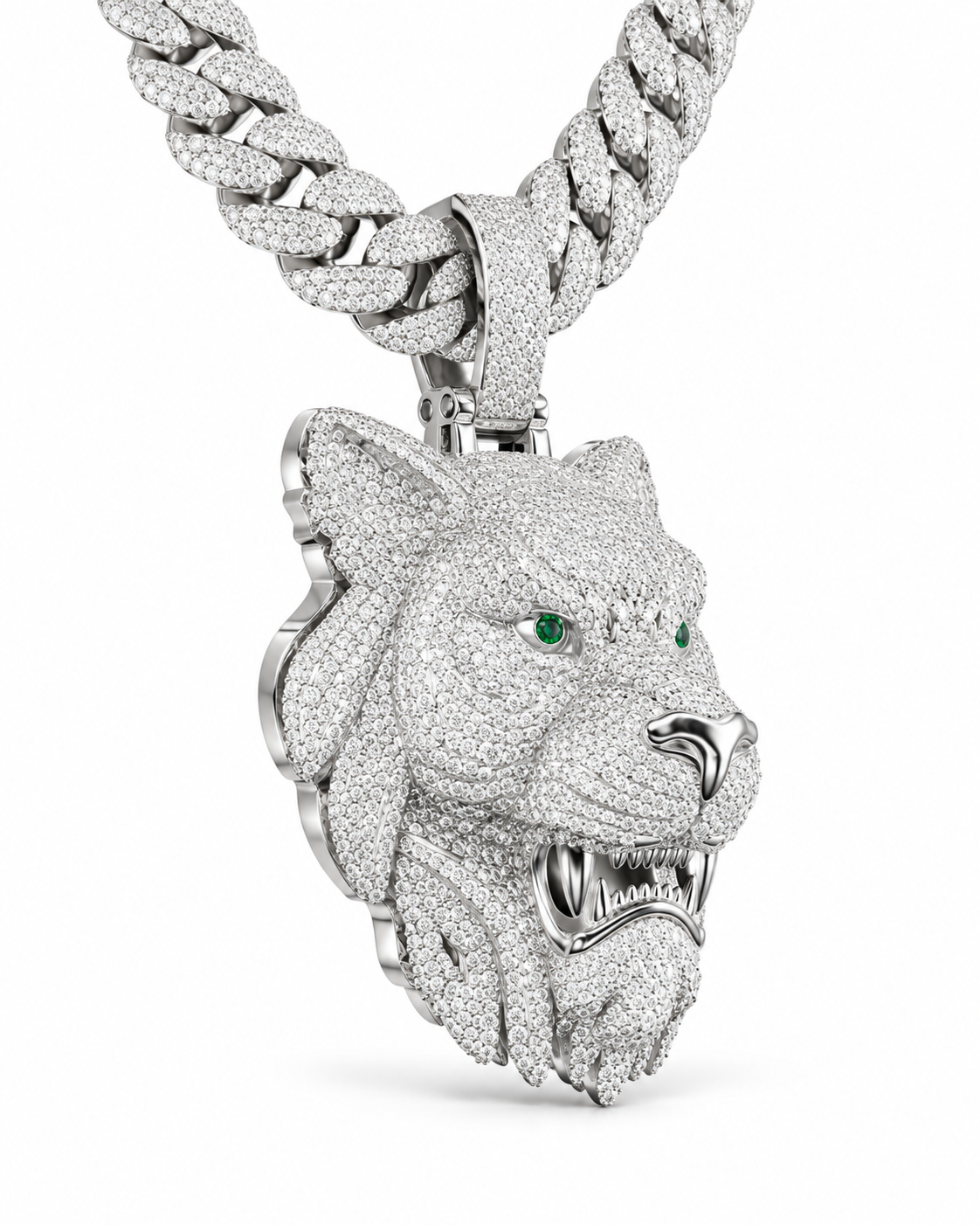 Custom Iced Out Lion Head Pendant with Green Eyes | Made to Order