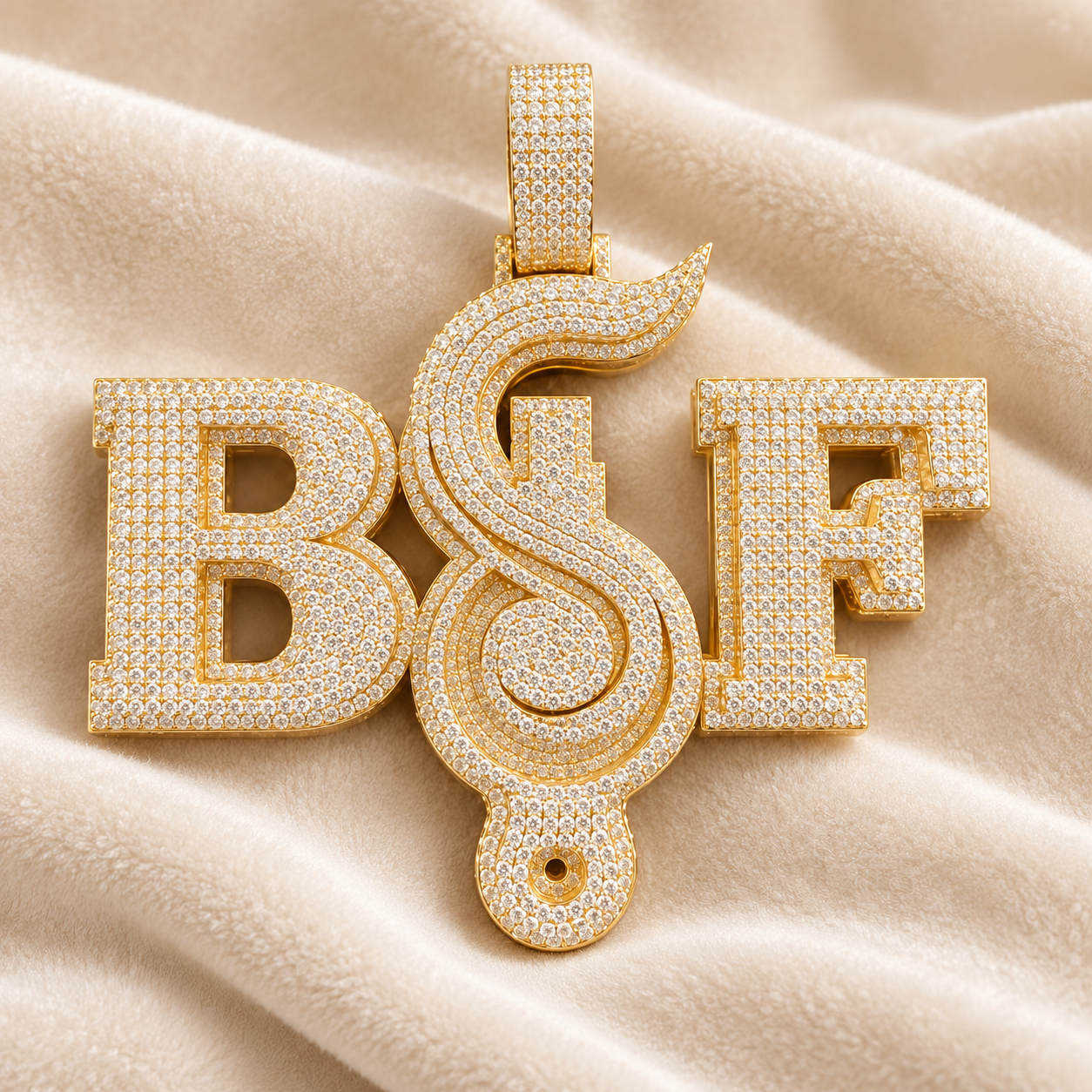 Custom BSF Scroll Letter Pendant – Iced Out Gold Tone Hip Hop Jewelry