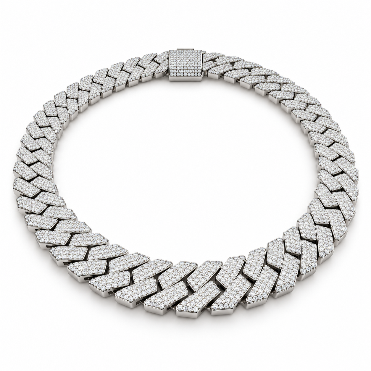 Iced Out Flat Curb Link White Gold-Tone Chain – Custom Hip Hop Statement Necklace