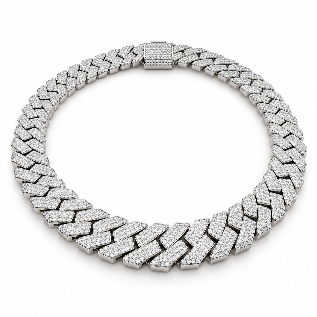 Iced Out Flat Curb Link White Gold-Tone Chain – Custom Hip Hop Statement Necklace