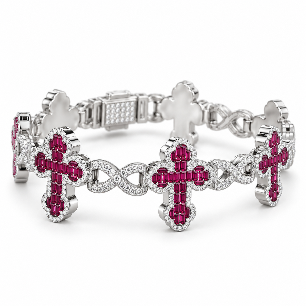 Ruby Pink Cross & Infinity Link White Gold-Tone Bracelet – Custom Iced Out Jewelry