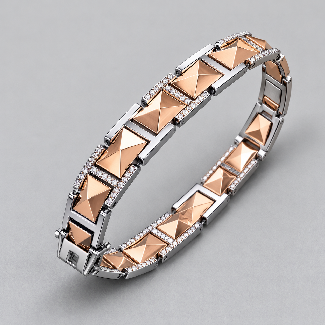 Two-Tone Rose Gold and Silver-Tone Pyramid Link Bracelet with Clear Stone Accents