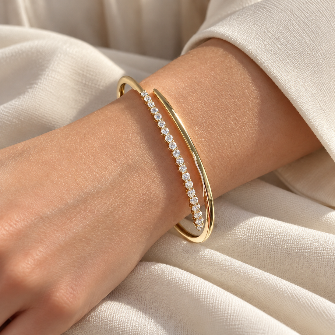 Clear Round Stone Bypass Yellow Gold-Tone Open Bangle Bracelet