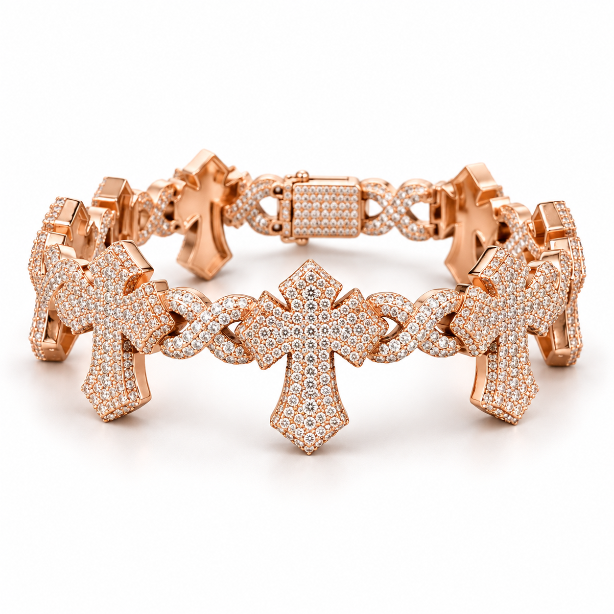 Iced Out Cross & Infinity Link Rose Gold-Tone Bracelet – Custom Hip Hop Jewelry