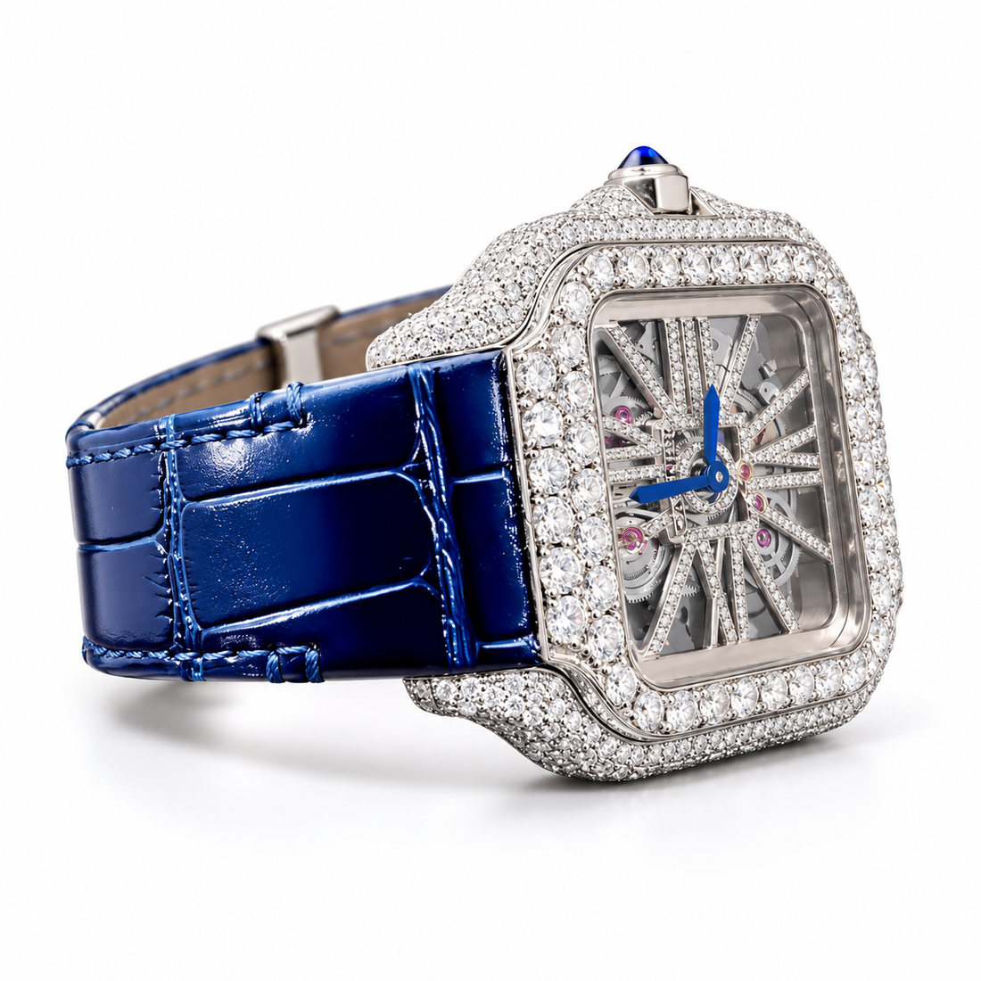 Iced Out Square Skeleton Dial Watch with Blue Strap – Custom Diamond Statement Watch