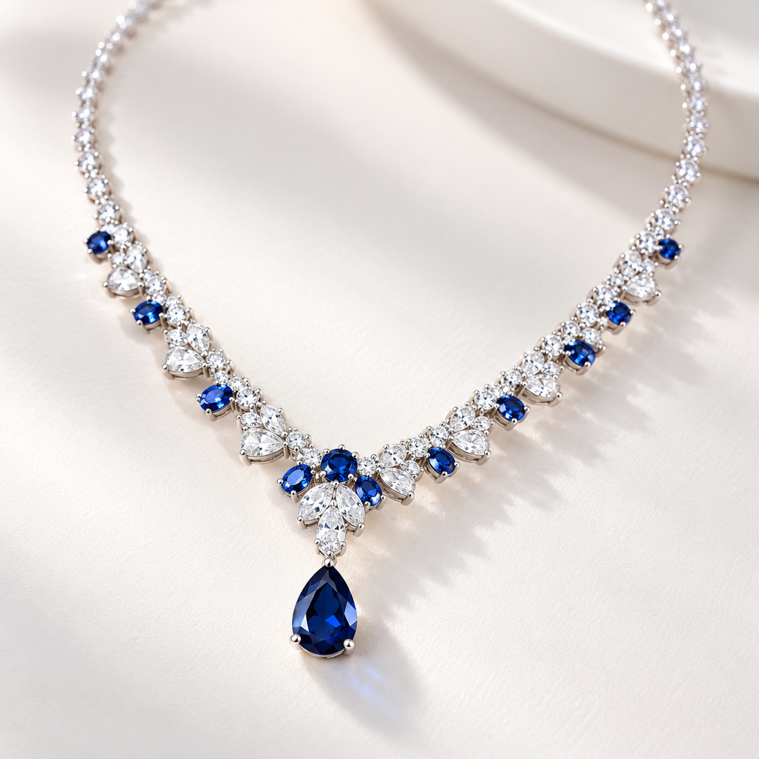 Blue Pear Drop Round Cut White Gold Tennis Necklace