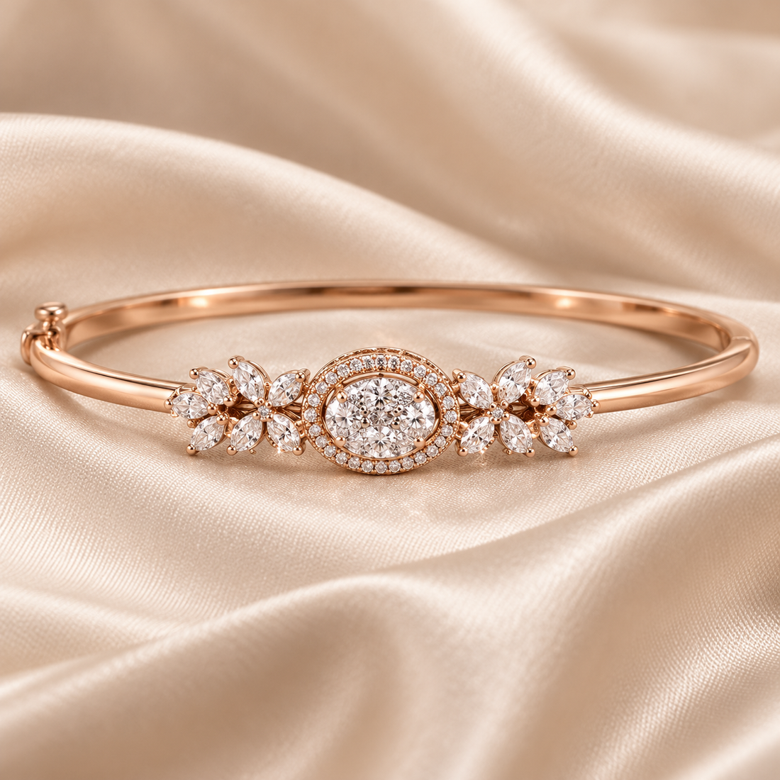 Rose Gold-Tone Oval Halo Cluster Bangle with Marquise Leaves