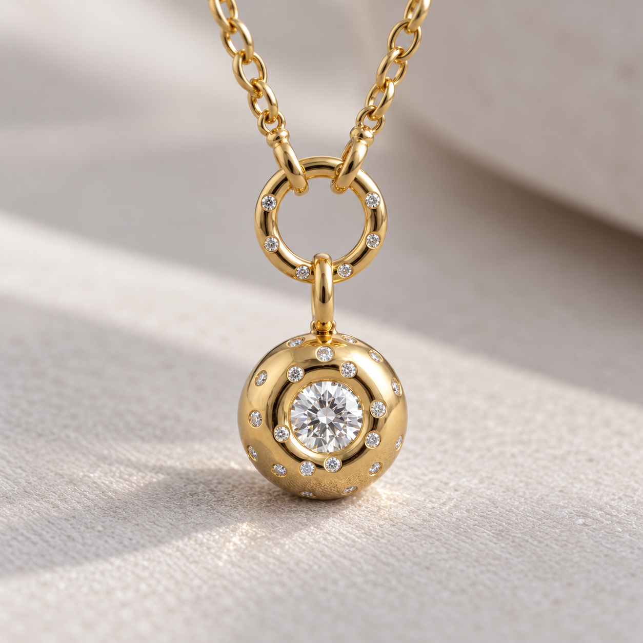 Round Cut Solitaire Dome Drop Yellow Gold Pendant Necklace