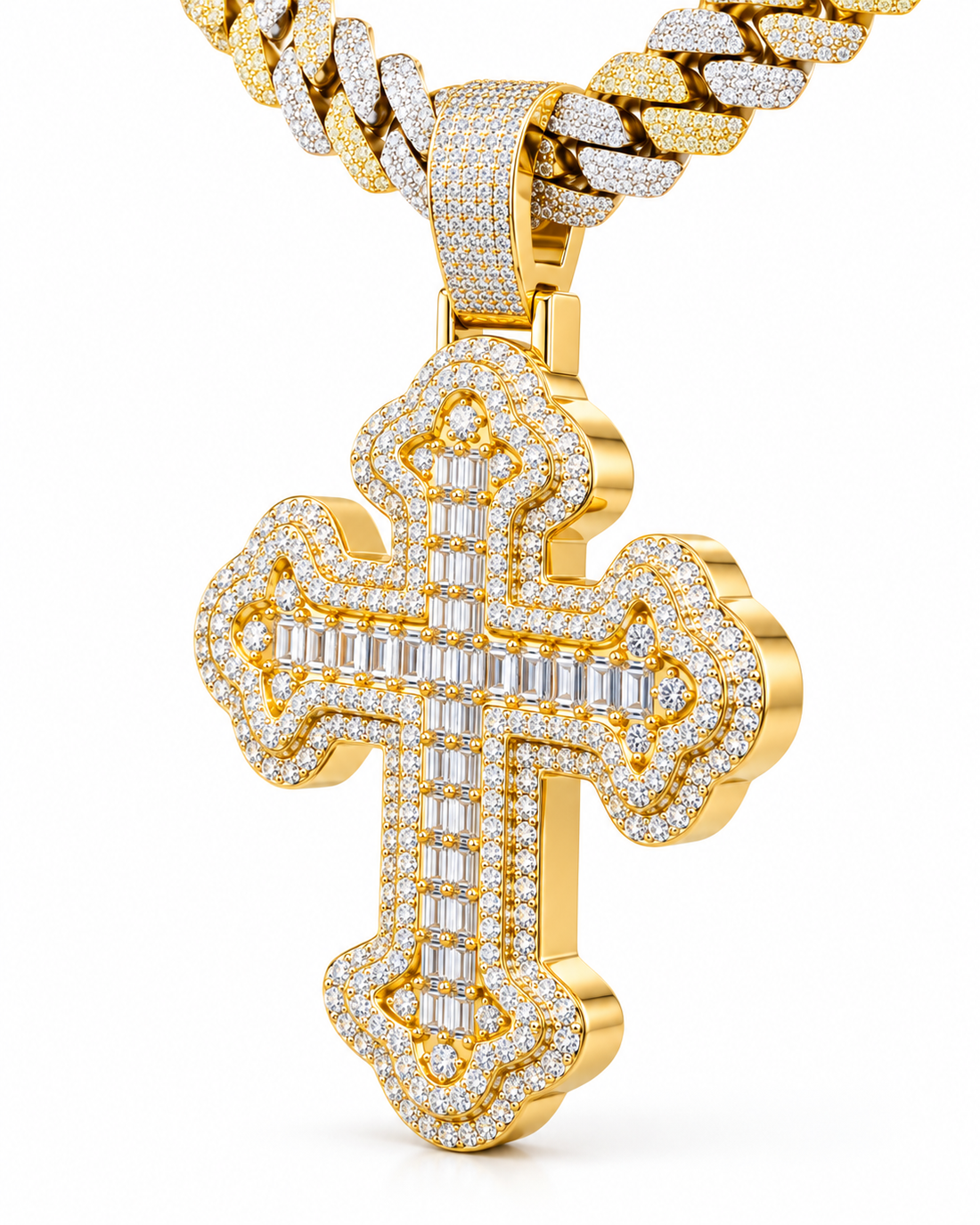 Custom Iced Out Ornate Baguette Cross Pendant | Silver & Gold
