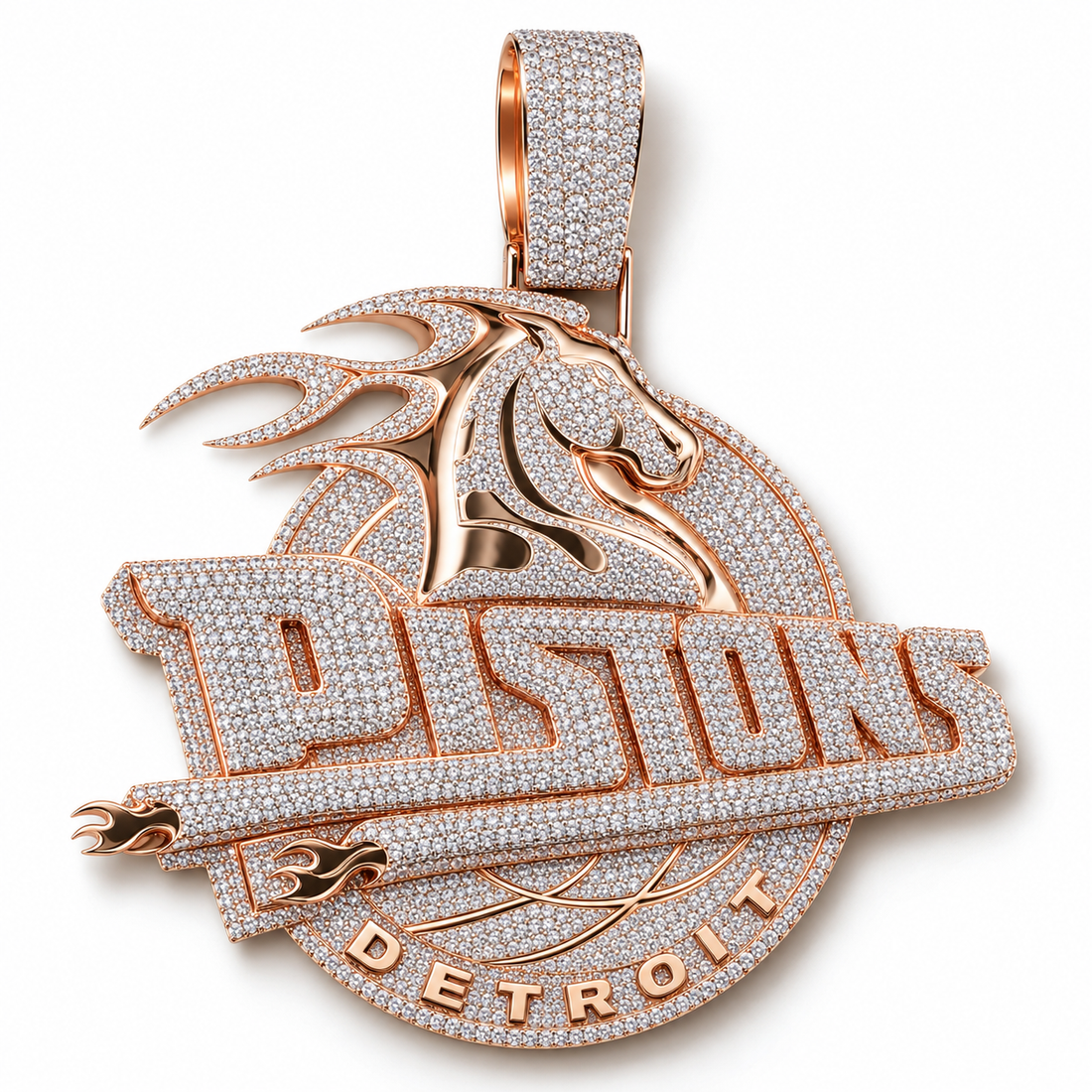 Detroit Pistons Horse Logo Style Iced Out Rose Gold-Tone Pendant – Basketball Hip Hop Jewelry