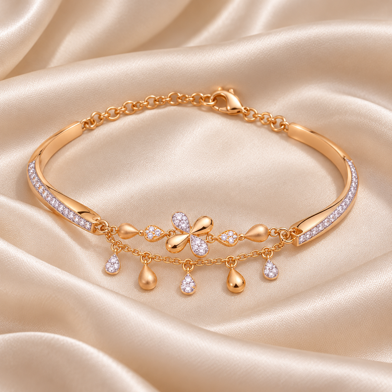 Rose Gold-Tone Floral Bracelet with Dangling Teardrop Charms