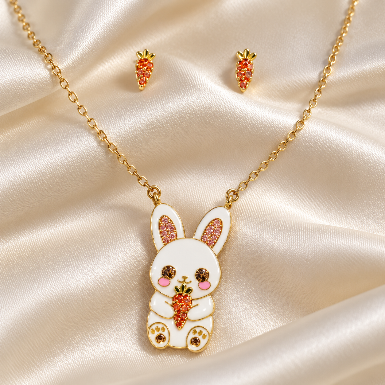 White Bunny and Carrot Jewellery Set with Gold-Tone Detailing and Colorful Stone Accents