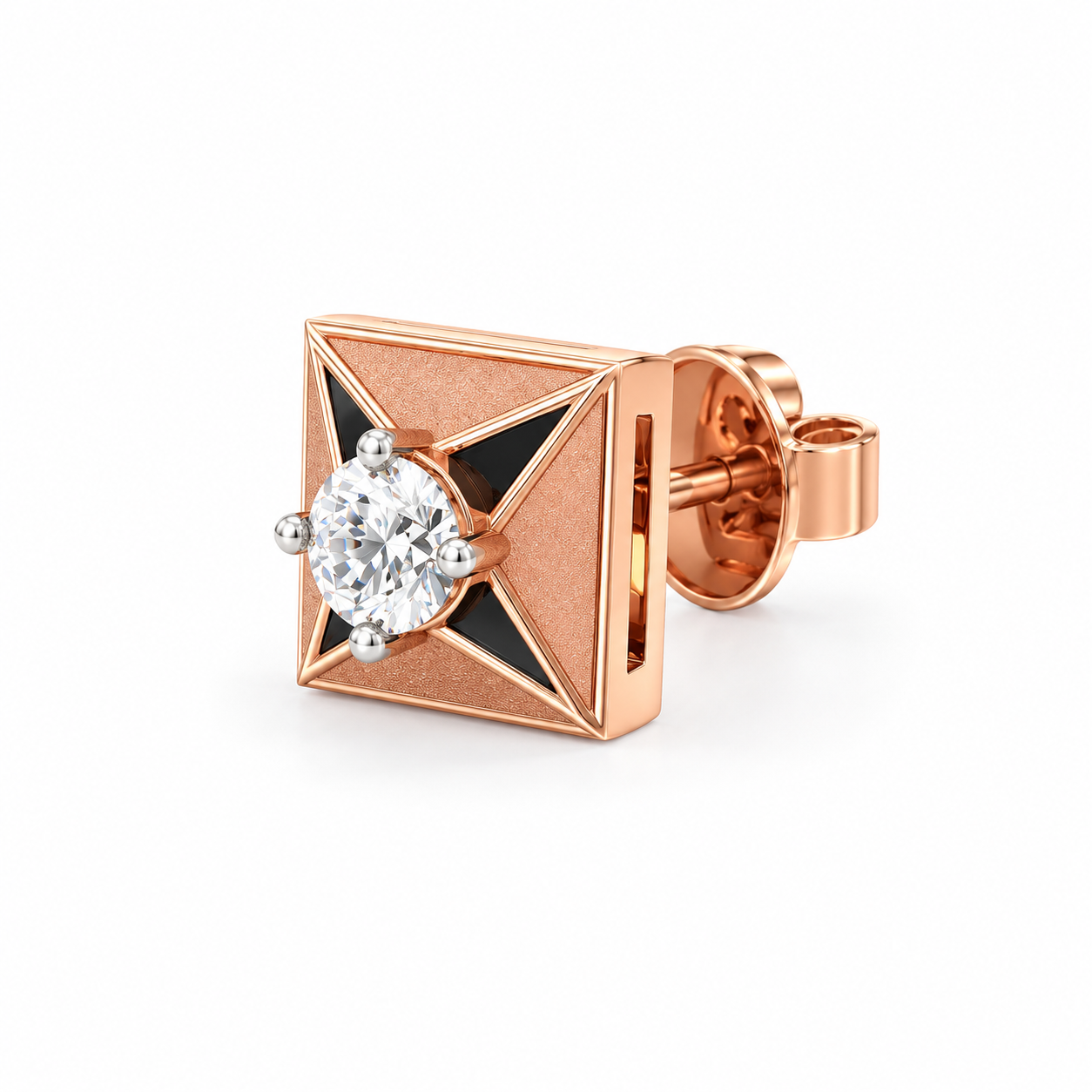 Men’s Square Rose Gold-Tone Stud Earring with Black Accents and Round Center Stone