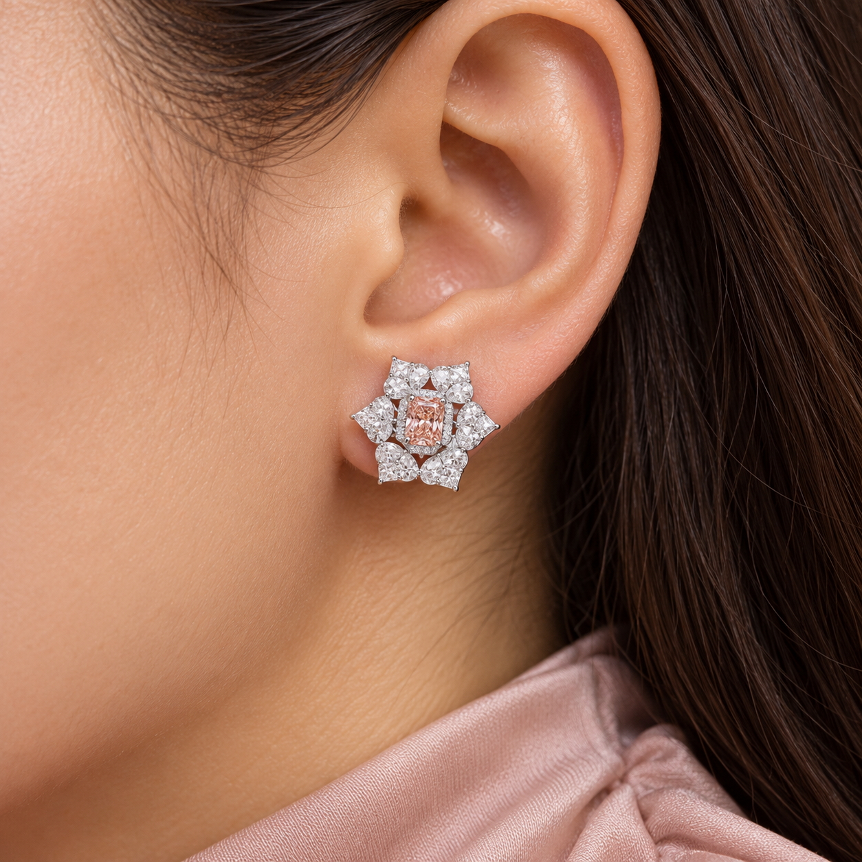 Pink Rectangular Halo Floral Cluster White-Tone Stud Earrings