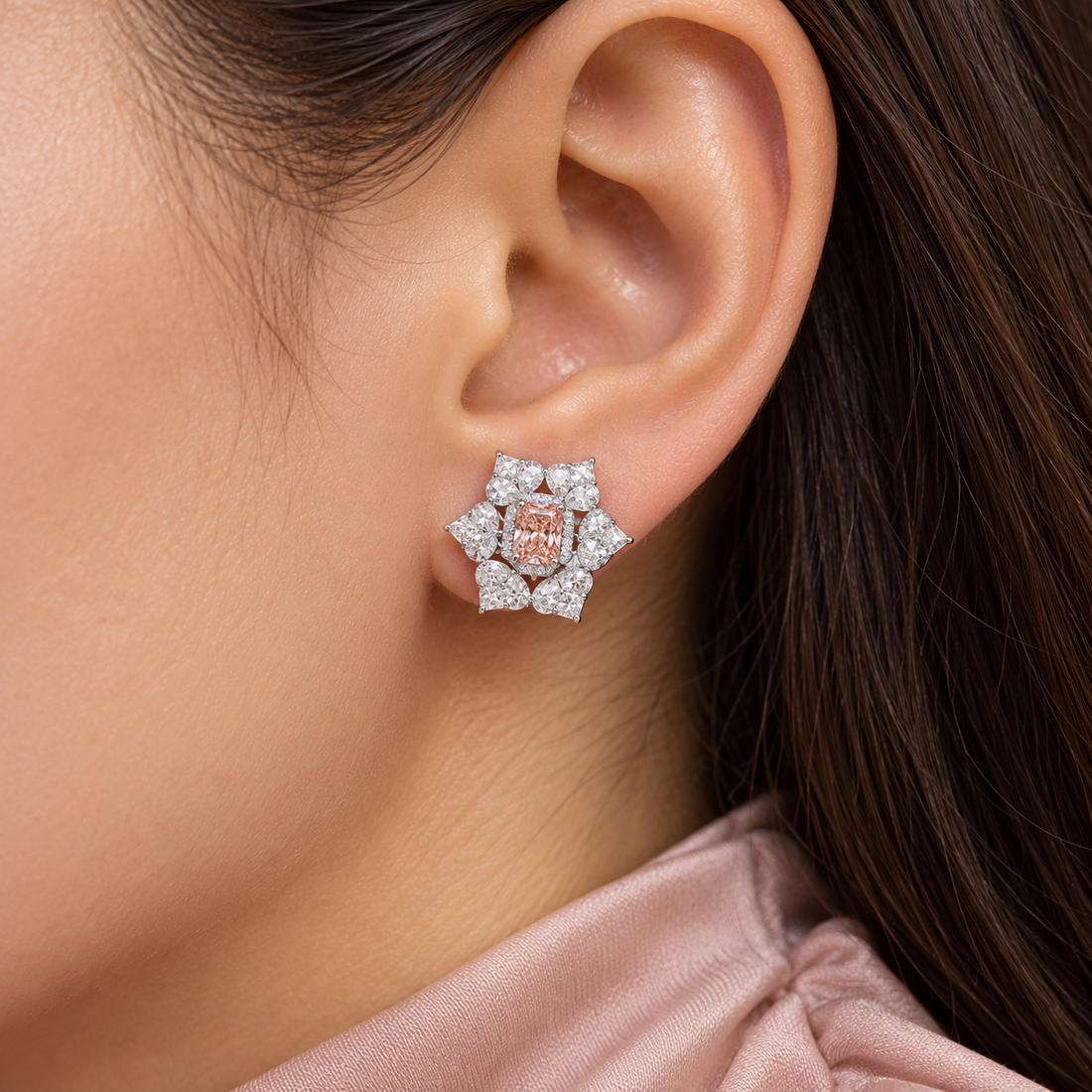 Pink Rectangular Halo Floral Cluster White-Tone Stud Earrings